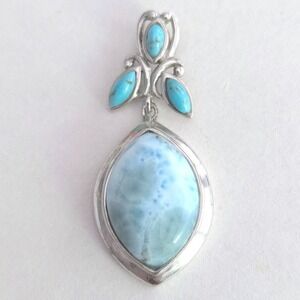 NK Sterling Silver 925 Larimar and Turquoise Marquise Pendant Thailand Signed